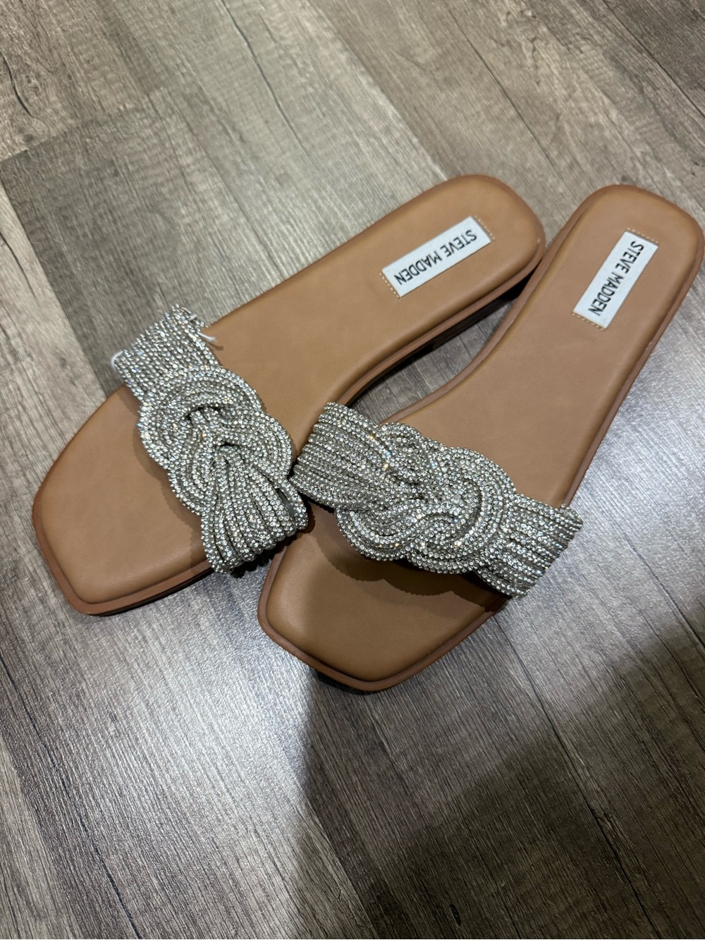 Steve Madden Tan Slide Sandals with Silver Beaded Knot Detail